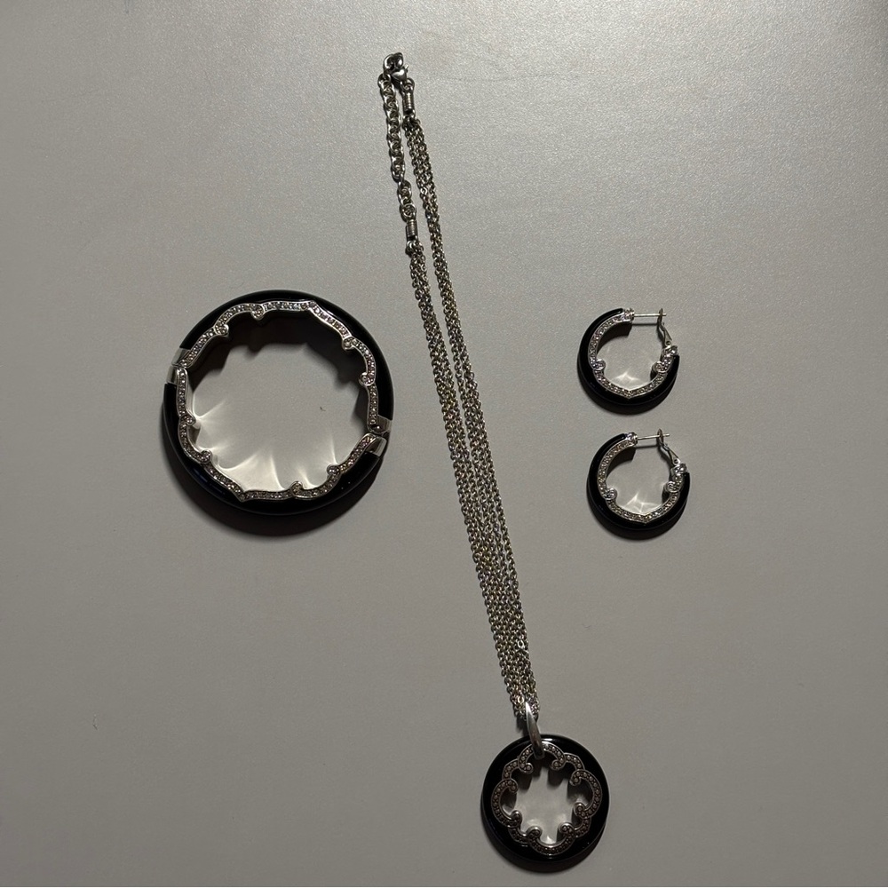 Brighton Imperial Swarovski Crystals Silver Black Resin Bangle Set Retired Rare‎
